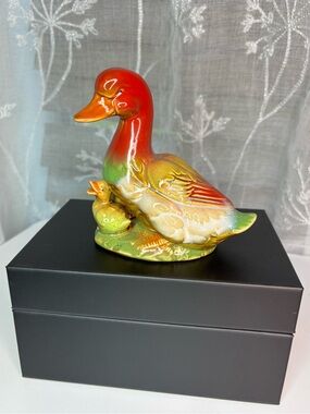 VTG Japanese Porcelain Mallard Duck Colorful Glaze Mom & Ducklings